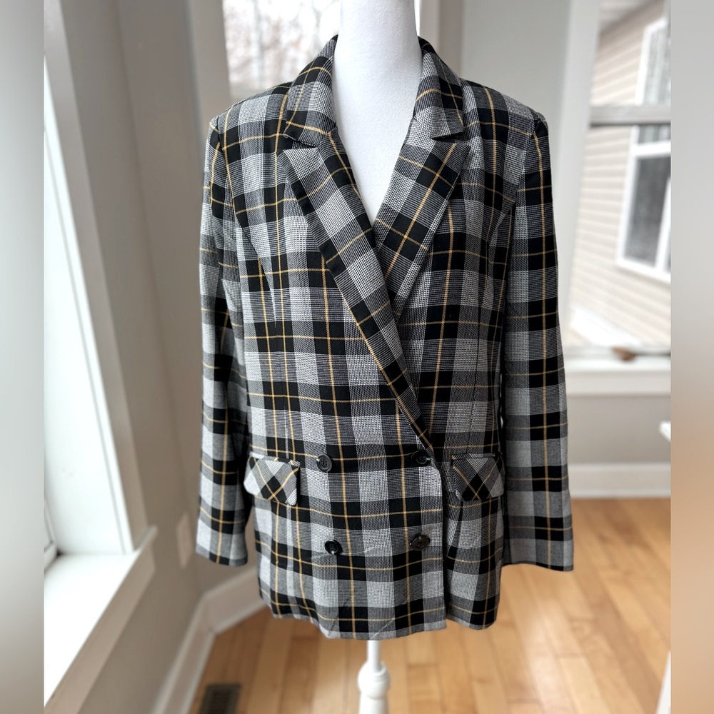 Forever 21 Black Yellow Plaid Double Breasted Blazer Oversized Jacket Sz Small